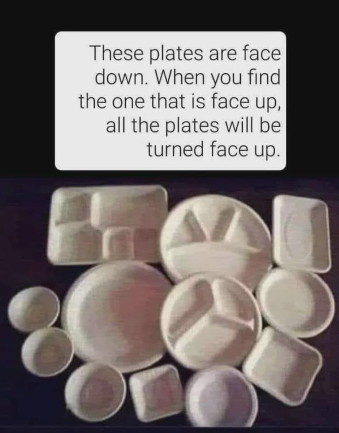 These plates are face down. When you find the one that is face up, all the plates will be turned face up.